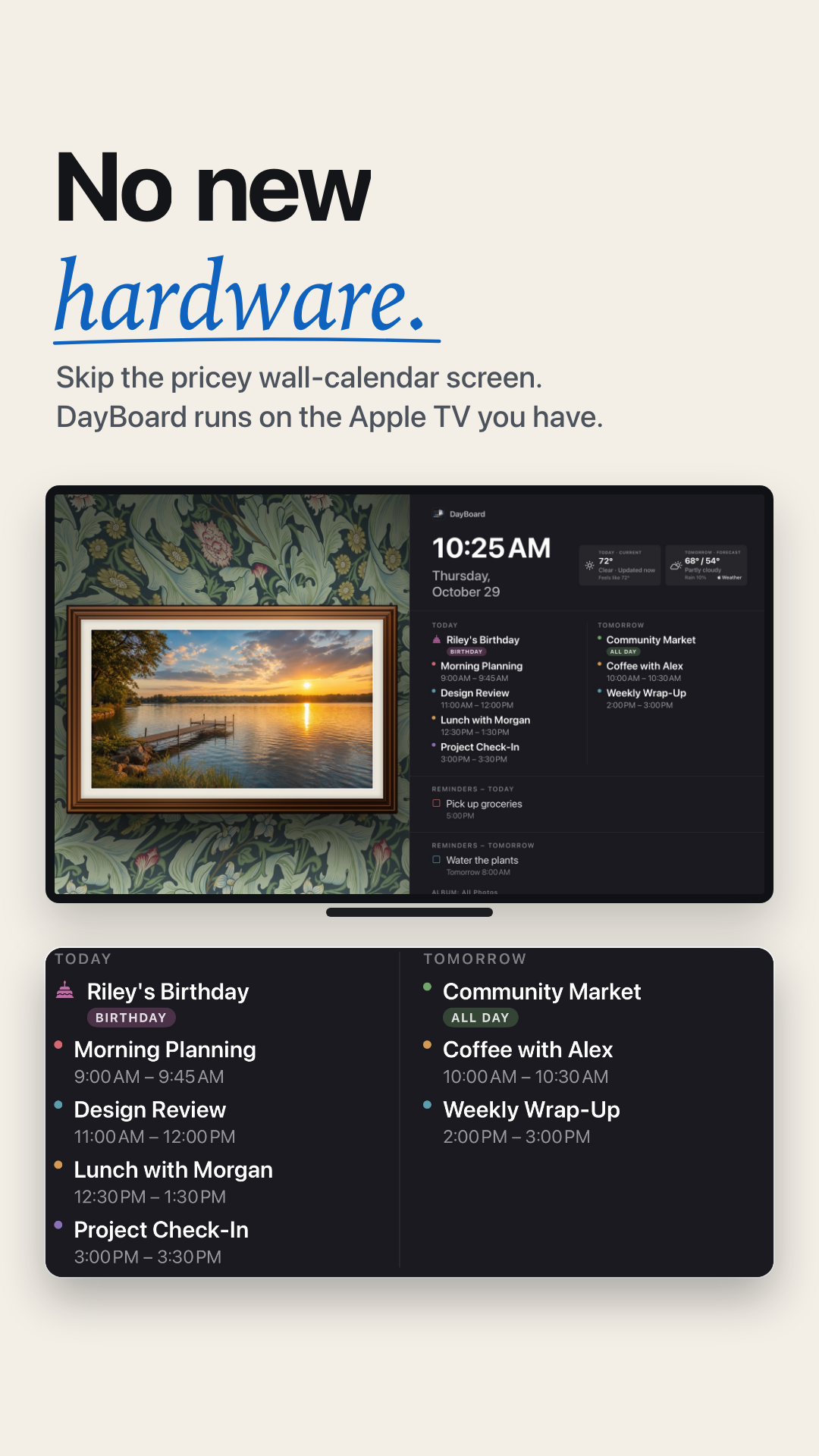 DayBoard example showing framed photos, today's and tomorrow's events, reminders and weather on Apple TV